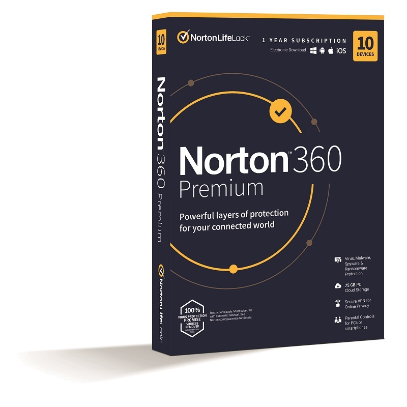 NORTONLIFELOCK - Szoftver, Antivrus - Norton 360 Premium 75GB HUN 1 Felhasznl 10 gp 1 ves dobozos vrusirt szoftver 21416702